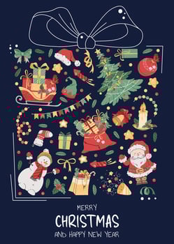 Christmas greeting card with festive elements in the form of a gift. Merry Christmas and Happy New Year. Banner, poster, flyer with Santa, Claus, Christmas tree, etc. vector
