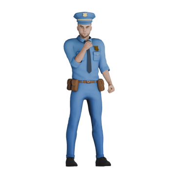 3D Cartoon Cop. A male policeman standing with his right hand on his chest. Animated Police Figure png