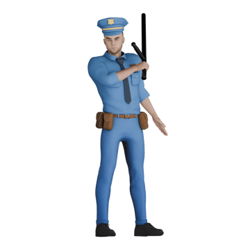 Cartoon Police Commander in 3D. A male policeman standing with his right hand holding a stick pointed at his left chest. Animated Cop png
