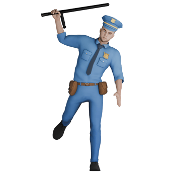 Male Cartoon Cop 3D Model. A male policeman runs with his right hand carrying a stick as if he wants to hit. Police Scenario png