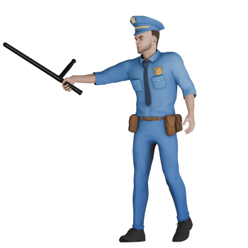 Professional Cartoon Police 3D. A male policeman stands up with a stick held out with his right hand. Animated Law Officer png