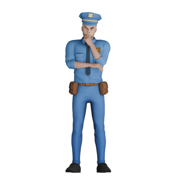 Male Police Cartoon in 3D. A male policeman stands with his right hand in front of his chest while his left hand is raised holding his chin. City Patrol png