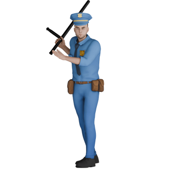 Cartoon Male Police Officer. A male policeman stands with both hands holding a baton as if he wants to hit. 3D Law Professional png