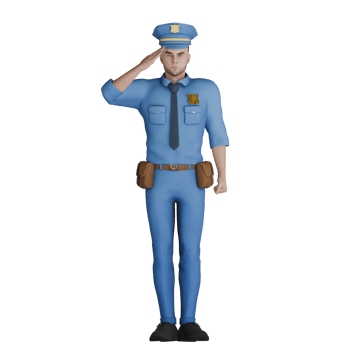 3D Cartoon Police Officer. A male policeman standing with his right hand on his head like a salute. Law Enforcement Character png
