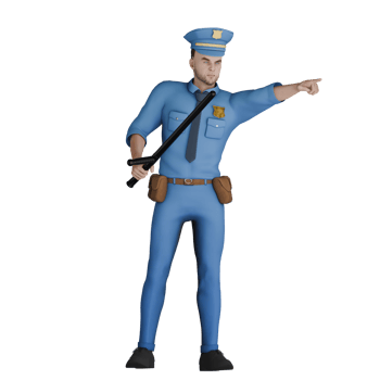 3D Male Law Cartoon Expert. A male policeman stands with his right hand carrying a stick while his left hand is pointing forward. Illustrated Police png