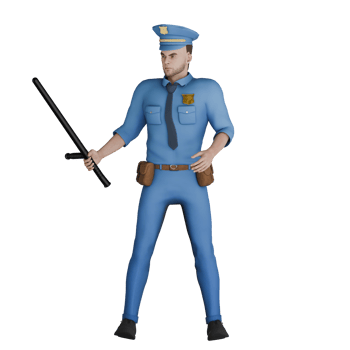 3D Male Cartoon Cop. A male policeman stands with his left hand on his hip while his right hand holds a baton. Policing Action png