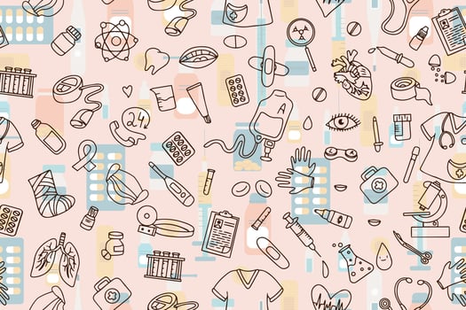 Seamless pattern of medical products, medicines, clothes, first aid kit in doodle style. illustration vector