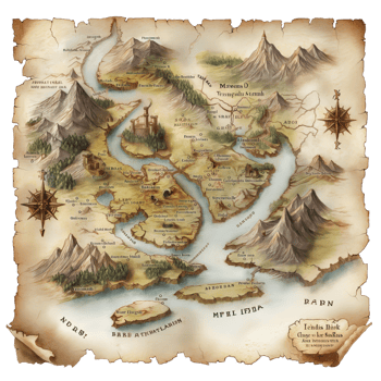 Enchanted Land Fantasy Map Illustration An intricate, hand-drawn map detailing mystical realms and enchanting landscapes, perfect for imaginative storytelling against a clear backdrop. png