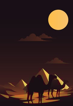 Illustration of a desert at night, featuring a camel silhouette riding across sand dunes with a sunset and a dune in the background. This scene captures Middle Eastern and African culture. Not ai. vector