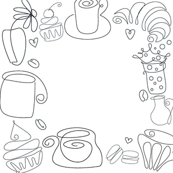 tropical template of natural coffee branch with leaf, flower, bean. Fresh food card. Floral silhouette, hand draw art line illustration on white background. Creative texture in frame, border vector