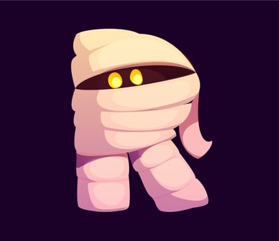 Letter R Halloween font, funny wrapped mummy vector