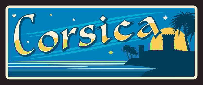 Corsica French region, old travel plate vector