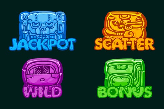 Maya civilization- Akbal, face, Mayan Glyph, hieroglyphs . Symbols Wild, Scatter, Bonus and Jackpot for your slots games vector