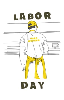 Yellow and white poster illustration of a burger maker employee on Labor Day vector