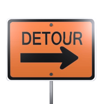 Bright orange detour sign indicating a right turn for road users png