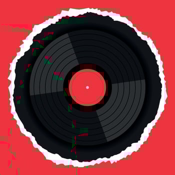 Vinyl record disk on red and black torn paper background. Emblem of music lover in flat design vector