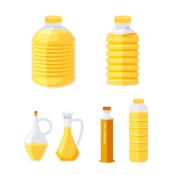 Different bottles and jugs filled with cooking oil are displayed on a white background vector
