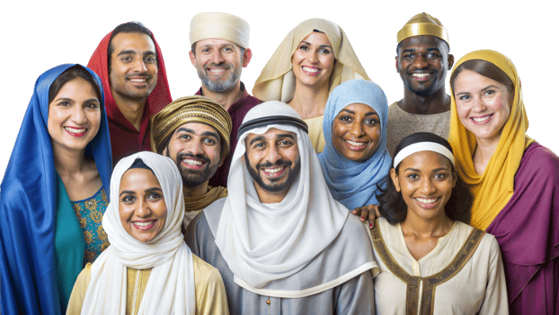Friends in traditional attire, smiling transparent png