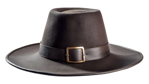 Stylish black hat with wide brim and leather band transparent png