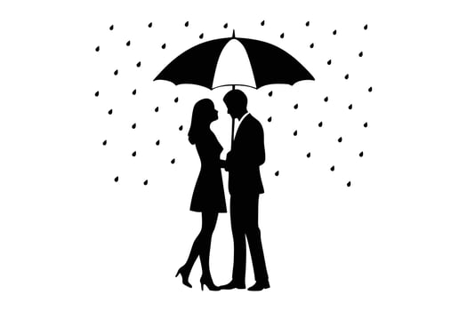 Romantic Couple Silhouette Under Umbrella in Rain, Illustration, Clipart vector