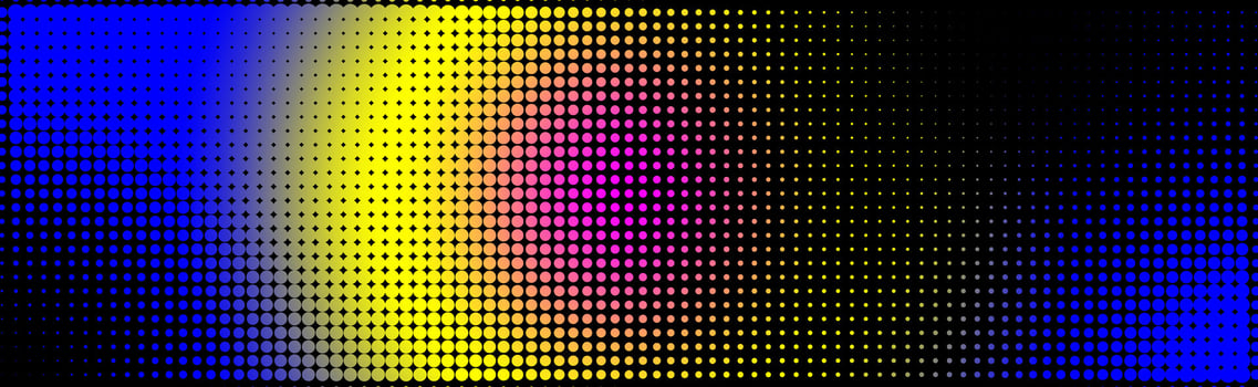 Horizontal halftone background with neon gradient. Grunge wallpaper with dots, neon radial transition to create a comic style design, retro collage. vector