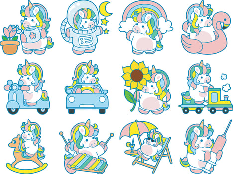 Illustration of cute unicorn activities icon. Funny rainbow unicorn daily routine stickers. Unicorn with any transportation and imagination vector