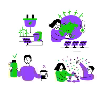 Cartoon Color Eco Friendly Lifestyle Zero Waste Concept Scenes Set illustration of Protecting Environment Choosing Natural Organic Sustainable Materials vector