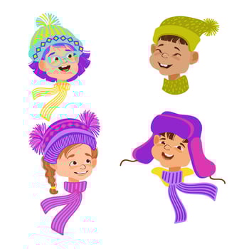 Set of happy cartoon children. Winter portrait avatars. Flat style illustration. vector