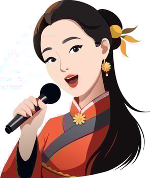 Beautiful asian woman wearing traditional dress singing with microphone vector