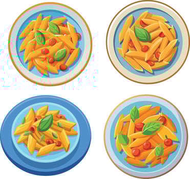 Four plates with delicious penne pasta dishes served with basil and tomatoes vector