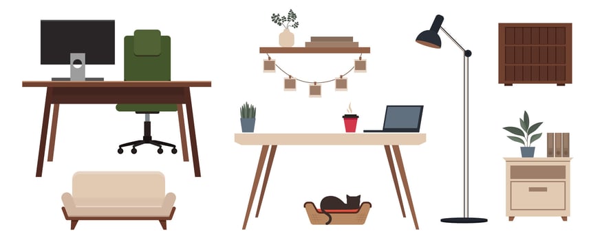 Base interior elements collection. Items for design interior, workplace, or home space pictures, poster or any advertisign vector