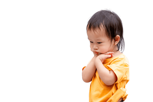 Little One's Contemplation. Asian young child, dressed in vibrant yellow t-shirt, stands against isolated background, chin resting on hands, lost in thought. Captures the innocence and curiosity. png