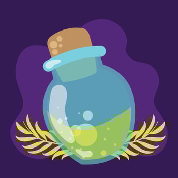 Potion bottle with glowing liquid on purple background vector