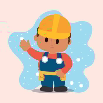 Cartoon construction worker in yellow hard hat, vector