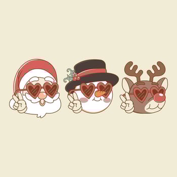 cute retro illustration of santa with snowman and reindeer wearing sunglasses vector