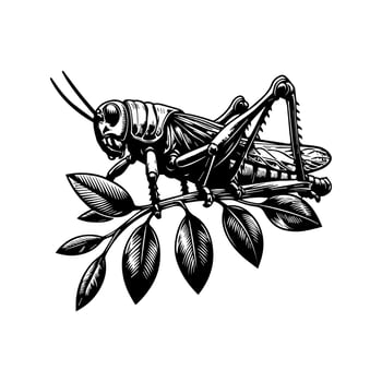A black and white drawing of a grasshopper on a branch vector