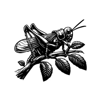 A black and white drawing of a grasshopper on a branch vector