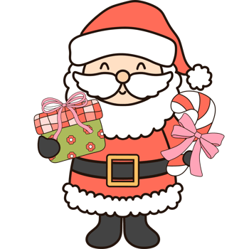 Groovy retro christmas santa claus with gift box and coquette candy cane clipart png