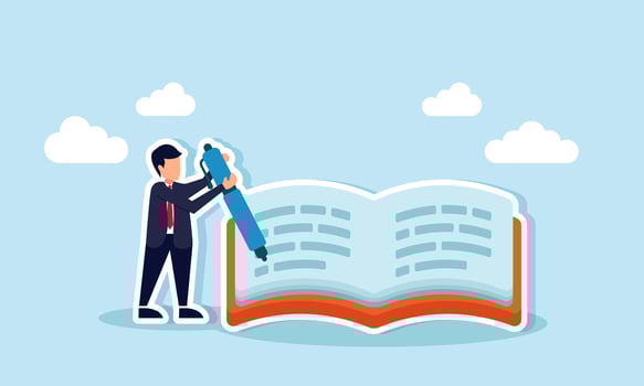 A businessman writing notes in a notebook with a pen, Illustration concept of Drafting an annual report as a reference for future business evaluations vector