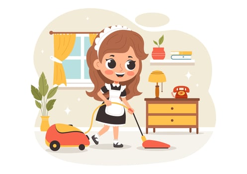 Housemaid Illustration of a Woman in Uniform Doing Cleaning Duties in a Cartoon Setting vector