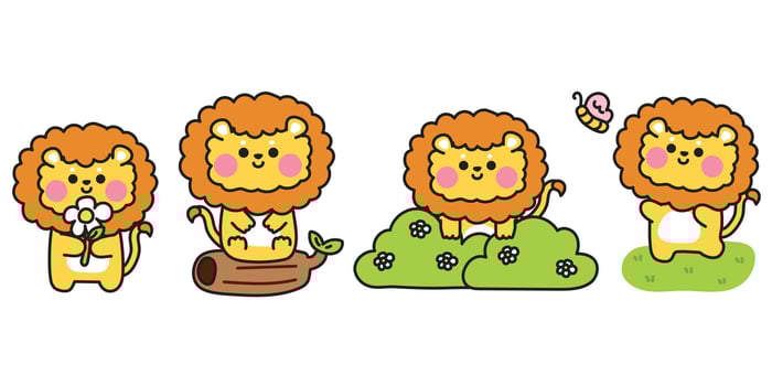 Set of cute various poses lion in jungle.Nature.Wildlife.Grass,butterfly,flower,wood hand drawn.Animal character cartoon design.Baby graphic.Kawaii.Illustration. vector