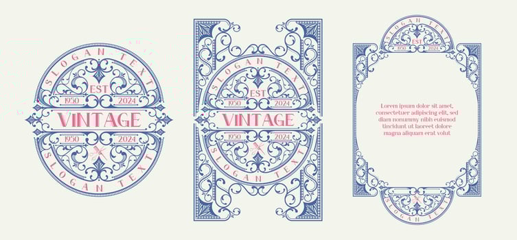 Set of antique carved ornament frames. Retro decorative posters with elegant ornaments. Design elements for brochures or book covers. Collection of isolated illustrations on background vector
