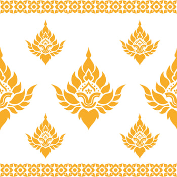 Traditional Thai fabric pattern design with golden floral motifs on a white background vector