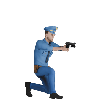 Male Cartoon Law Artist 3D Model. A male police officer kneels with a position facing left while both hands hold a gun in the position of who is shooting. Police Officer png
