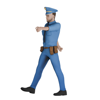 Police Service Provider 3D Cartoon. A male policeman walks to the right with his left hand clenched straight forward. Male Cop png