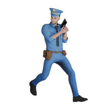 Professional Cartoon Police 3D Art. A male policeman runs while turning his head to the right and holding a gun in both hands. Male Character png