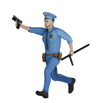 3D Animated Police Character. A male policeman runs to the right with his left hand holding a stick backwards while his right hand holds a gun forward. Male Cartoon Officer png