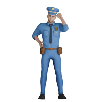 Male Cartoon Police with Badge. A male policeman stands with his right hand on his waist while his left hand is on his head as if he is thinking of something png