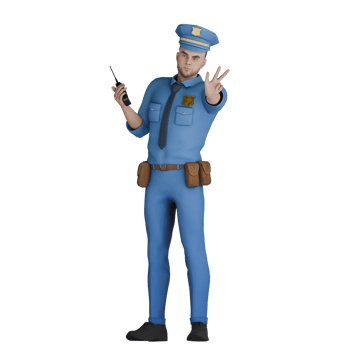 Animated Male Cartoon Cop. A male policeman stands with his left hand forward while his right hand holds the ht. 3D Law Enforcement png
