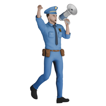 3D Law Enforcement Expert. A male policeman walks to the left with his left hand holding the loudspeaker while his right hand clenches upwards. Cartoon Male Police png